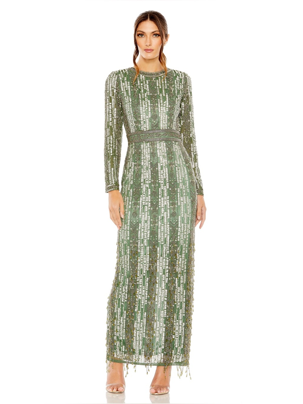 Mac Duggal 5981 Green Long Sleeve Beaded Gown with Crystal Fringe Size 6 NWT